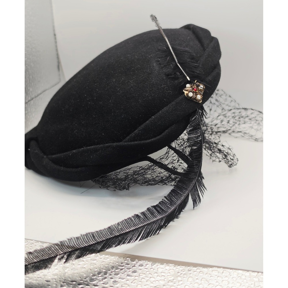 Vintage Black Felt Pillbox Hat Birdcage Veil Feather Jewel Accent Mid-Century